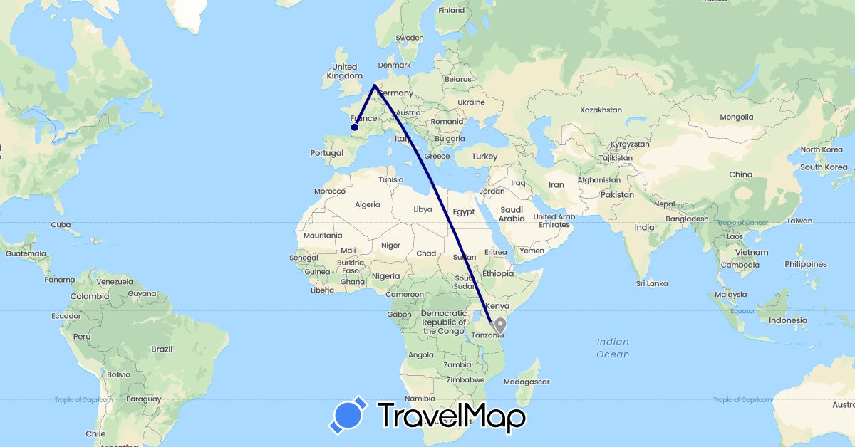 TravelMap itinerary: driving, plane in France, Netherlands, Tanzania (Africa, Europe)